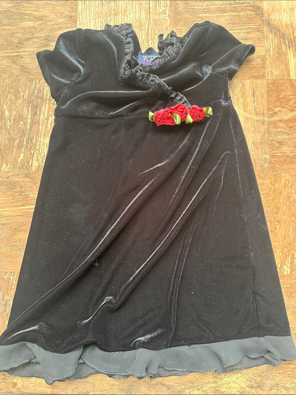 The Children's Place Black Velvet Dress with Red Rose Trim - Tiny Damage